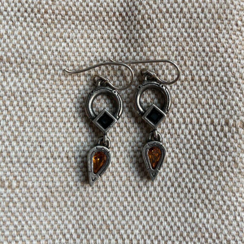 Patricia Locke Silver Two Tone Halloween Black Orange Crystal Dangle Earrings